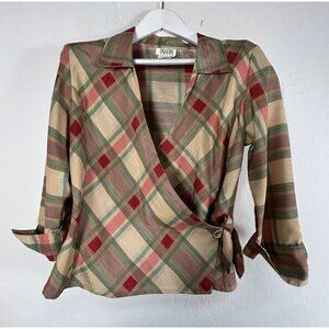 Vintage Selene Sport Plaid Wrap Top Medium 3/4 Sleeve Collared Blouse Beige/Red
